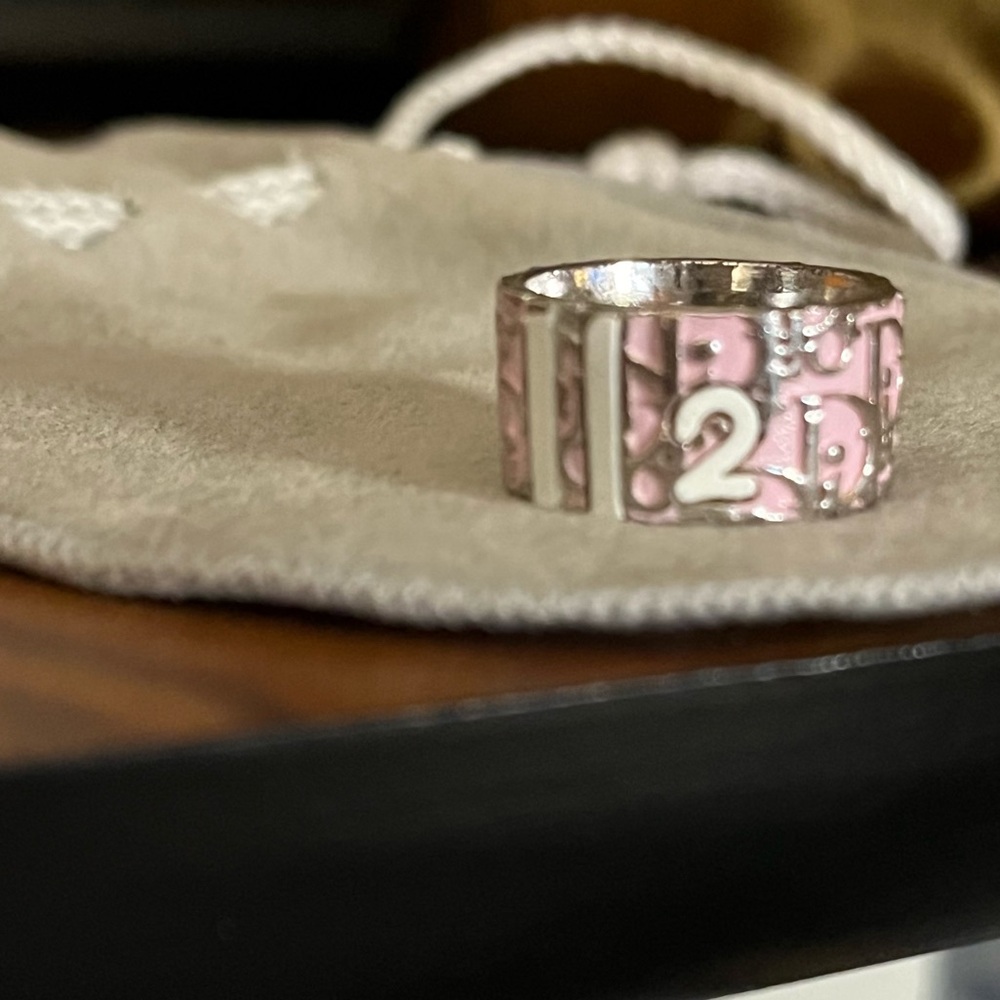 Dior Pink and White Enamel Logo Trotter Ring Size 6.5
